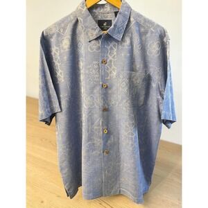 Caribbean Joe 100% Silk Tropical Jacquard Blue Mens Large Button Down Shirt
